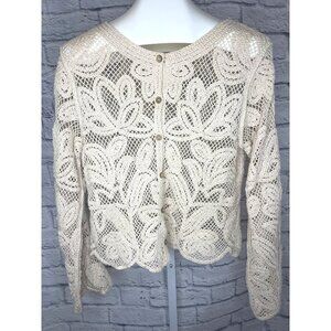Boho Knit Cardigan Sweater Beige Size MED Ladies Crochet Button Down